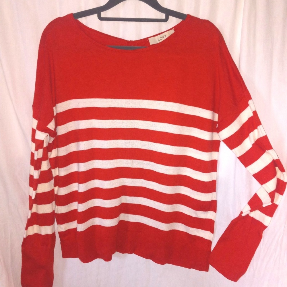 Ann Taylor Loft White‎ Orange Striped Button Sweater Lightweight Women's Size L